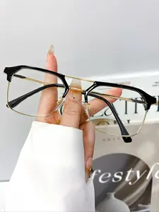 High-Quality Metal Half Frame Glasses for Men, Fashion Vintage Trendy Unisex Decorative Flat Lenses, All-Season Square Shape Eyewear, High Quality Eyeglasses