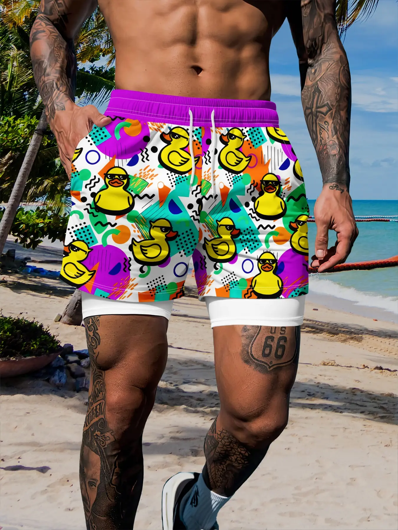 Men's Summer Double-Layer Beach Shorts, Swimming Shorts, Swimwear Shorts, Beach Swim Trunks, Graphic Swim Trunks, Fun Duck Print, Elastic Drawstring Waist, Breathable, Comfortable, Loose Fit, Sporty Style