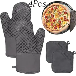 4 Pcs Grey Pot Holders and Oven Mitts,Premium Soft Cotton Kitchen Mittens and Dish Cloth Set,500 Degree Heat Resistant Oven Gloves and Hot Pads,for Cooking,Baking