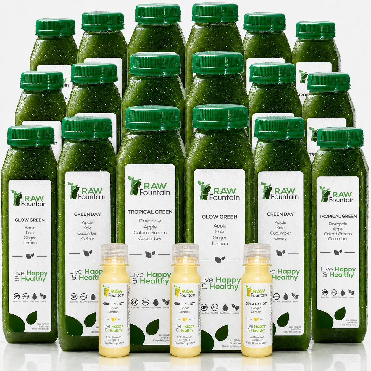 3 Day Green Juice Cleanse Detox by RAW Fountain, RAW Cold Pressed Juices, All Natural, No Gluten, No Wheat, No Artificial Flavors, 18x 12oz Bottles, 3 Ginger Shots 2oz