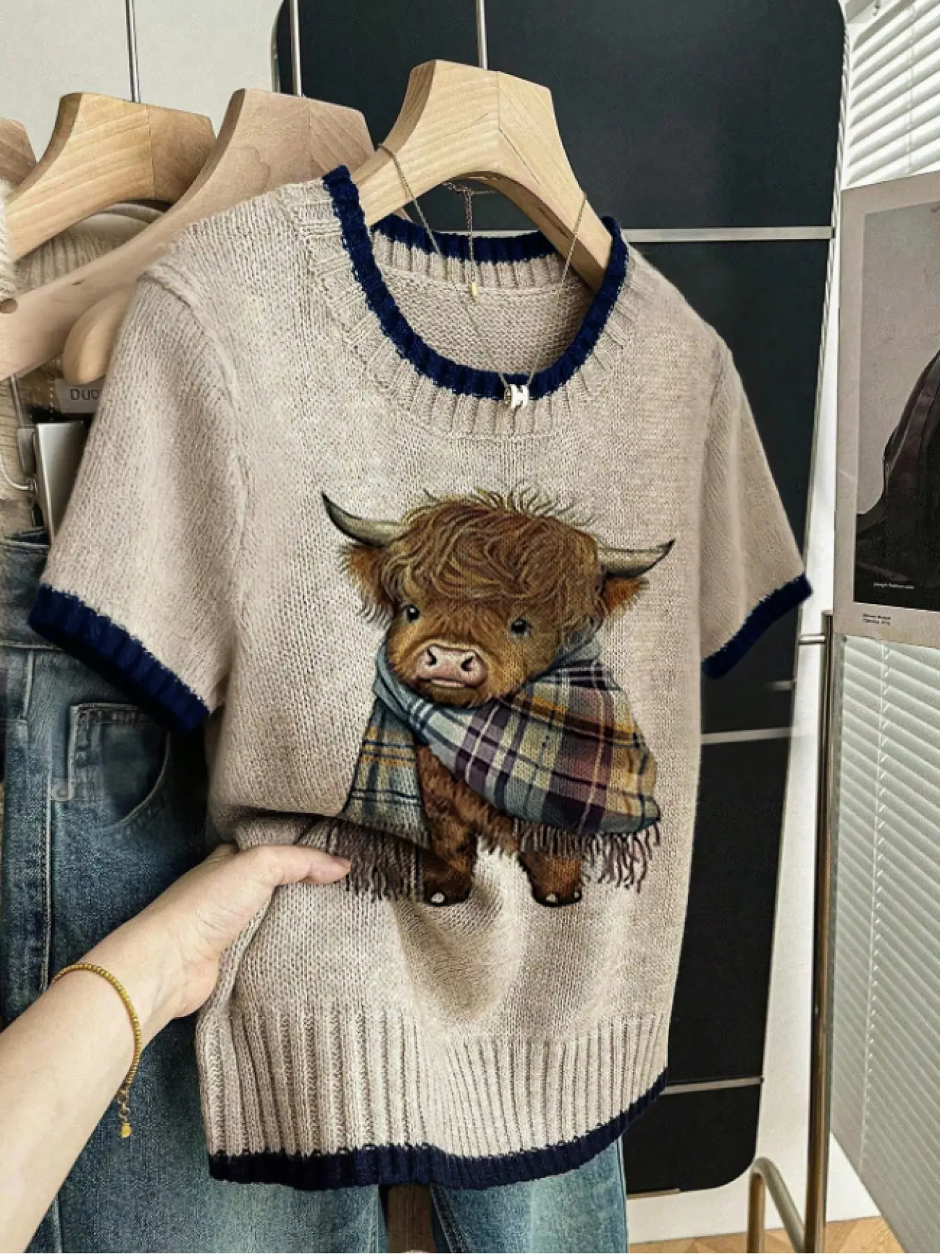 Vintage Style Scarf Cow Jacquard Hem Round Neck Sweater, Spring Fall Casual Short Sleeve Knitwear, Comfortable Warm Women's Clothing