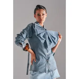 TWO-TONE BOW DENIM BUTTON DOWN SHIRT