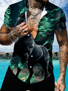 Black Horse & Flame Pattern Men's Collared Short Sleeve Shirt, Summer Fashion Tropical Printed Casual Top