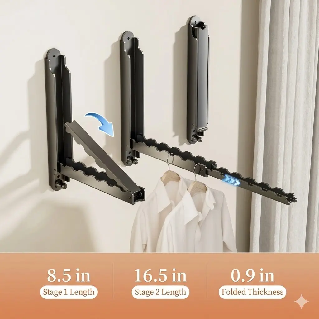 Multi-layer adjustable clothes drying racks, retractable clothes drying racks, foldable wall-mounted clothes drying racks, suitable for bedrooms, guest rooms, balconies, space-saving, window hanging accessories, home laundry, drying and storage solutions