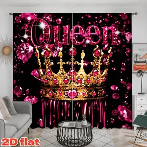 2D Flat 2Pcs Glamorous Queen Crown & Sparkling Gemstone Print Curtains, Rod Pocket Design, Semi-Sunshade Polyester Fiber, Perfect for Home Living Room Bedroom Balcony Kitchen Study Shower Window Decoration, Home Textile, Anti-Privacy, Elegant Covering .