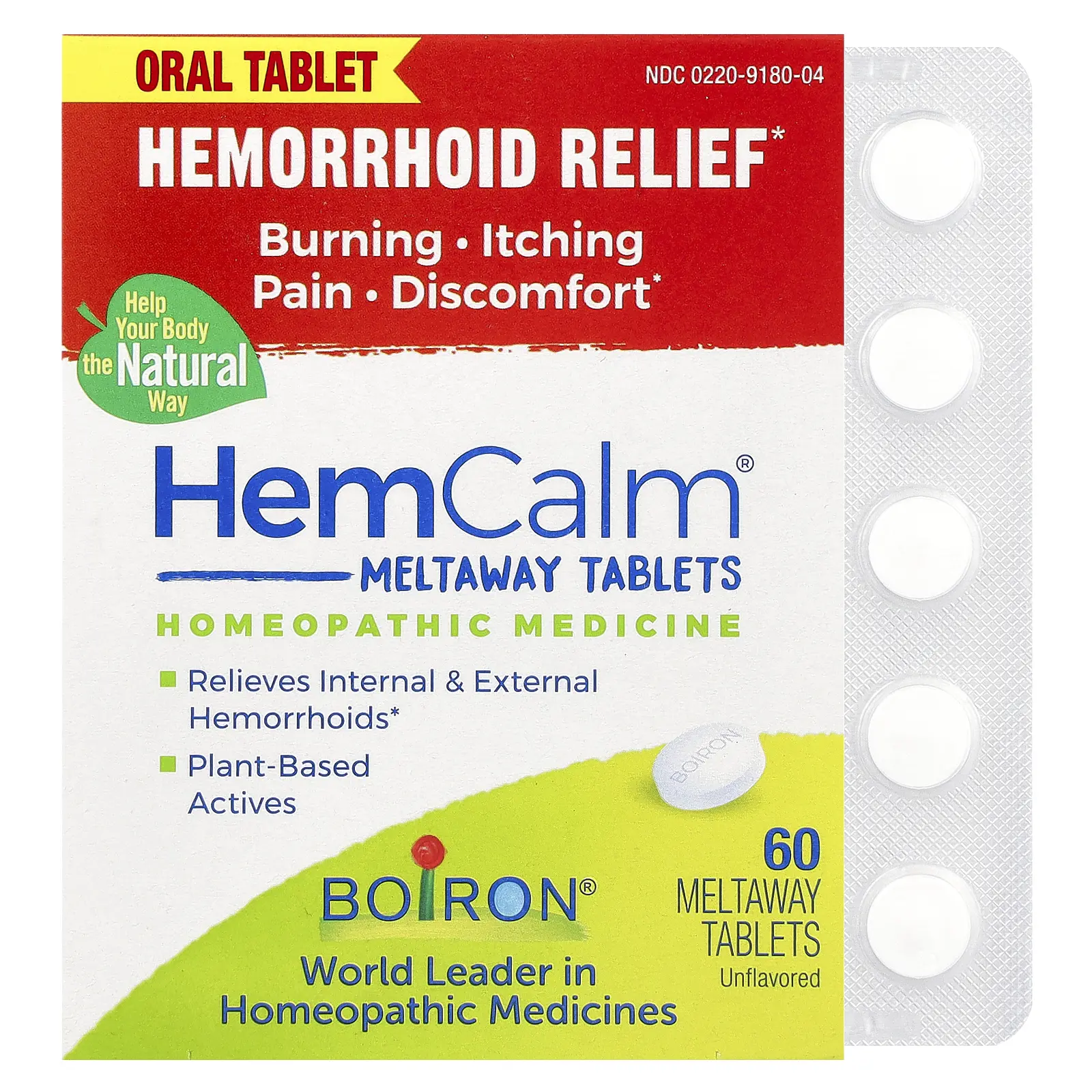 Boiron HemCalm®, Unflavored, 60 Meltaway Tablets | HSA/FSA Eligible