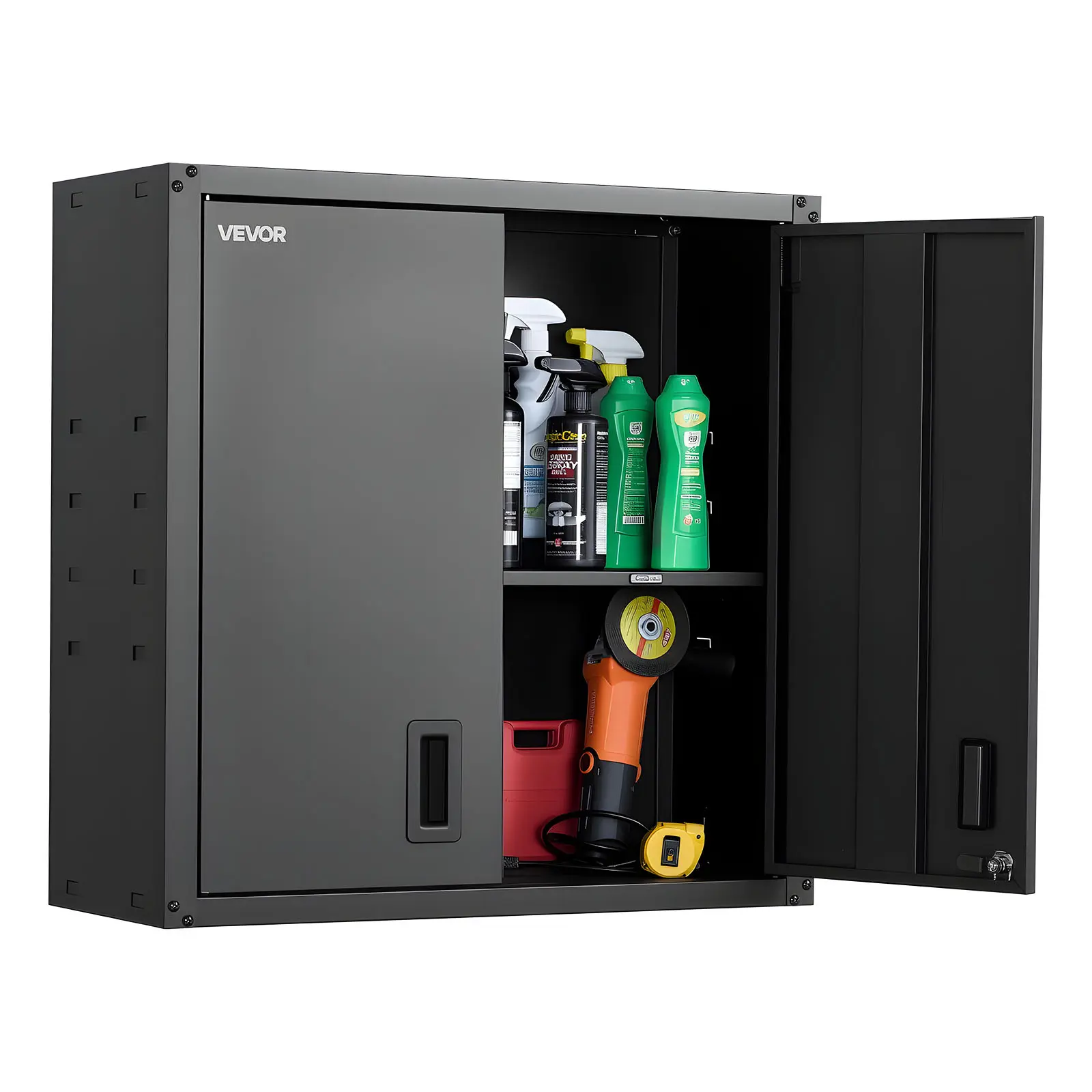 VEVOR Metal Wall Cabinet with Locking Doors - 3-Compartment 30W x 12.2D x 30H in Steel Surface Mount, Garage Organization, Space-Saving, Adjustable 120 lbs/Shelf, Magnetic Closures, Pre-Drilled Bottom Cable Port, Non-Plastic Black, Assembly Required, Adju
