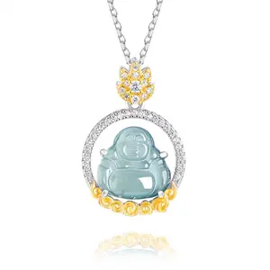 Natural A-grade Jade Blue Water Buddha  Silver Ice Jade Pendant Women's Necklace For Daily Wear