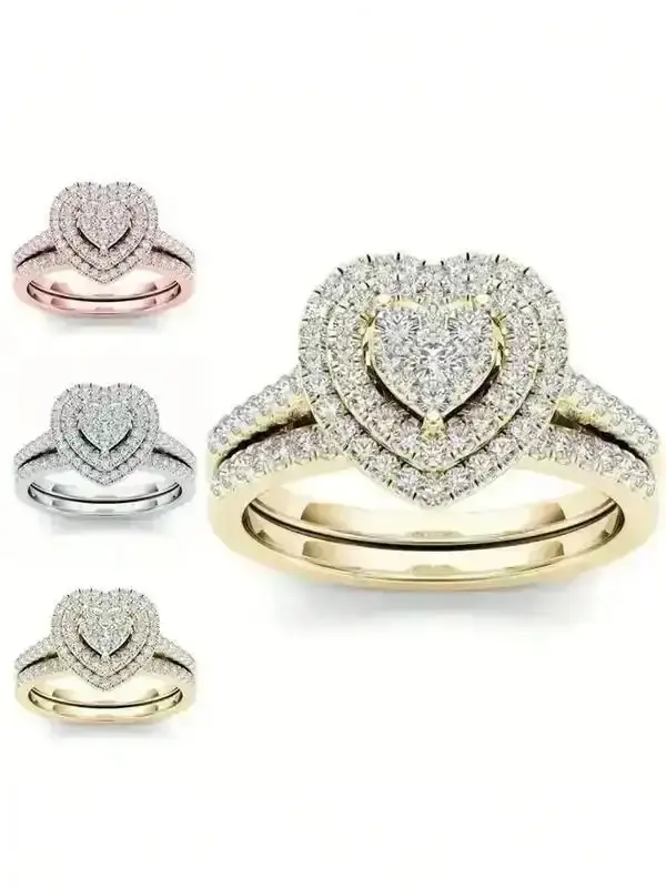 Zinc Alloy Heart Rhinestone Ring Set for Women, Elegant Engagement Jewelry Fashion Accessory All Occasions Charming Versatile Gift Piece Great Luxury Refined Glamorous Modern Perfect Chic Wear Stunning Stylish