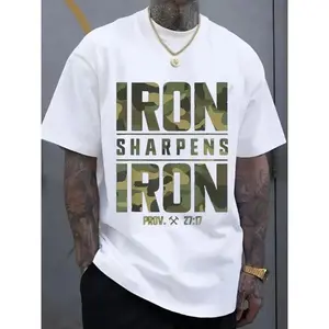 CMBT Men'S Oversized 100% Cotton Graphic T-Shirt - "IRON SHARPENS IRON" & Proverbs 27:17 Bible Verse Design, Geometric Print Casual Streetwear Tee, Breathable Summer Top, Machine Washable, Summer Fashion |     Camouflage Pattern |     Durable Fabric.