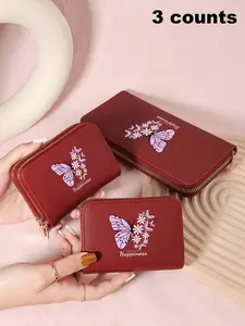 Women's Butterfly & Floral Pattern  Wallet, Fashionable Pu Leather Card Holder, Casual Multi Slot Wallet for Women & Girls