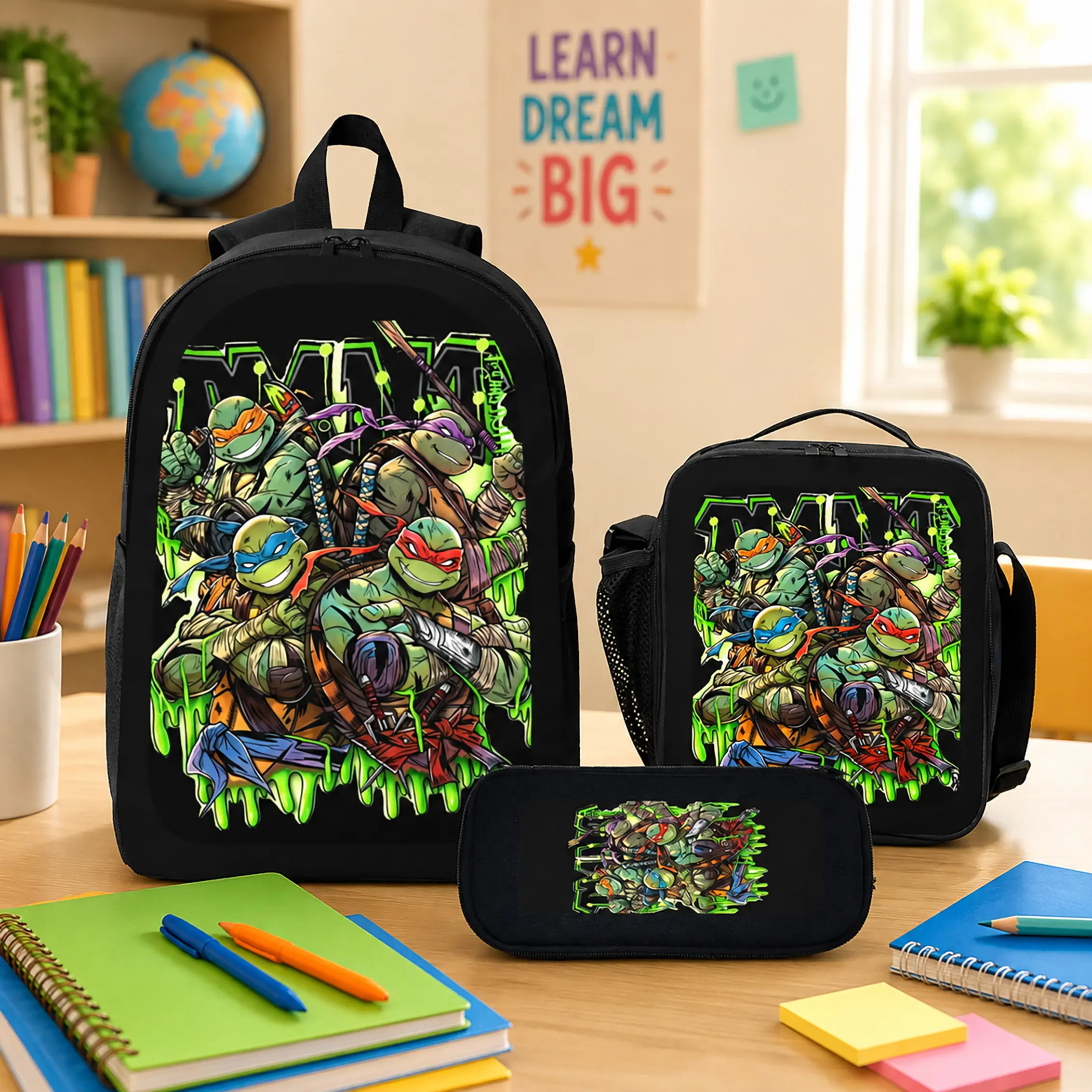 Teenage Mutant Ninja Turtles Backpack Set Polyester Backpack Lunch Bag Pencil Case Back To School Travel Daily Carry Kids Teens Boys Girls Students Fans Cartoon Bookbag Lightweight Durable Water Resistant Gift TikTok Viral Trending