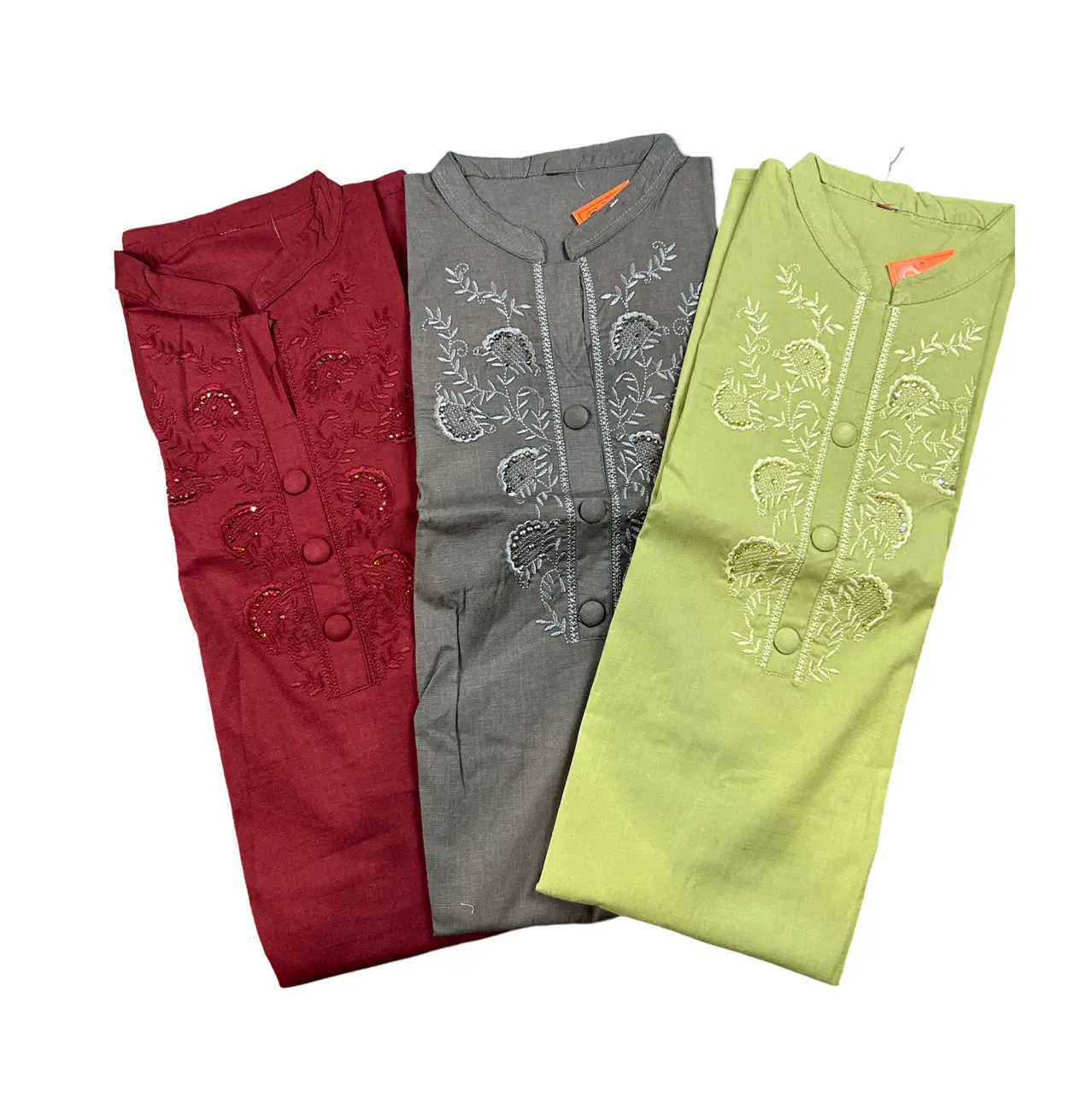 Stretchable Kurti with Embroidery in Red Grey and Green Colors for Stylish Wear