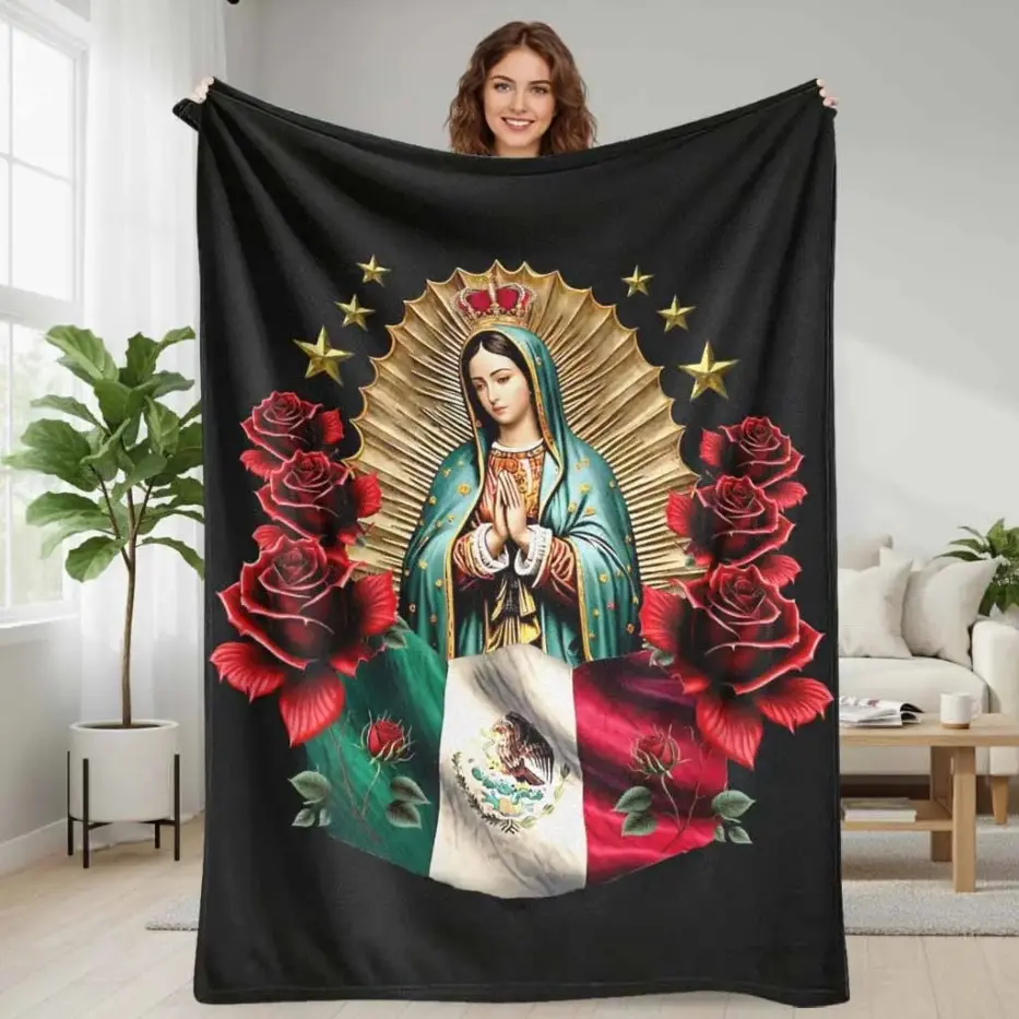 Virgin of Guadalupe flannel blanket with Mexican flag and red rose print  soft warm lightweight cozy decorative throw  perfect for home decor  religious celebrations  festive gatherings  and meaningful gifts Suitable as a gift sizes 60*80,30*40 ,40*50