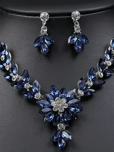 Floral Bride Jewelry Set, Flower Pendant Necklace and Dangle Earrings, Elegant Wedding Party Gift, Low Sensitivity Bold Accessories, Crystals Jewelry Set