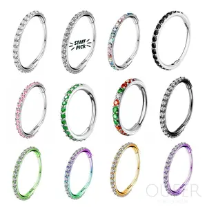 OUFER 20G Micro Gem CZ Hinged Nose Nostril Piercing Hoop Ring, Black/Purple/Pink/Green/Blue, Inner Diameter 5mm-12mm