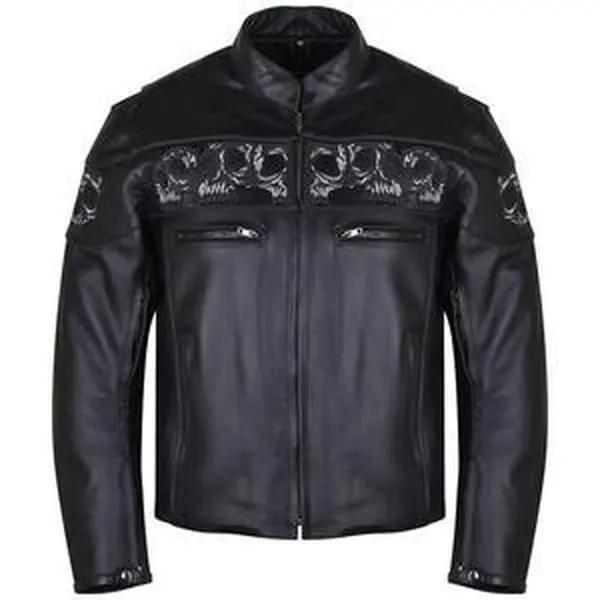 Vance Mens Black Reflective Skulls Premium Cowhide Leather Biker Motorcycle Riding Jacket
