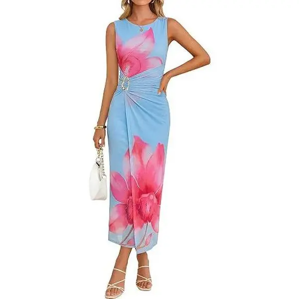 ZESICA Women's 2026 Summer Floral Bodycon Midi Dress Sleeveless Crewneck Mesh Ruched Wedding Guest Party Long Dresses