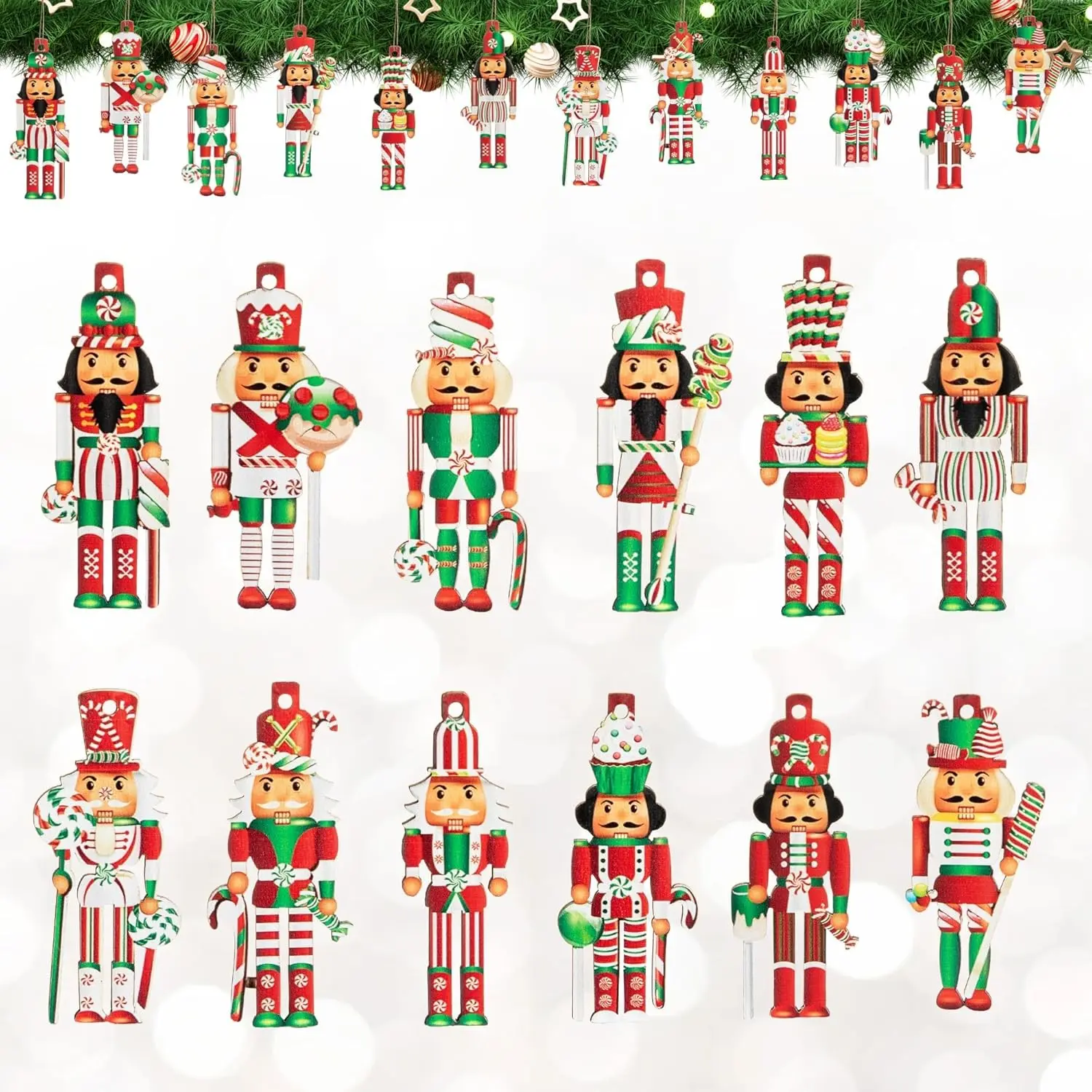 Set of 24 Nutcracker Christmas Ornaments Mini Wooden Nutcracker Soldiers Hanging Decorations for Christmas Tree Traditional Single-Sided for Custom Holiday Setup