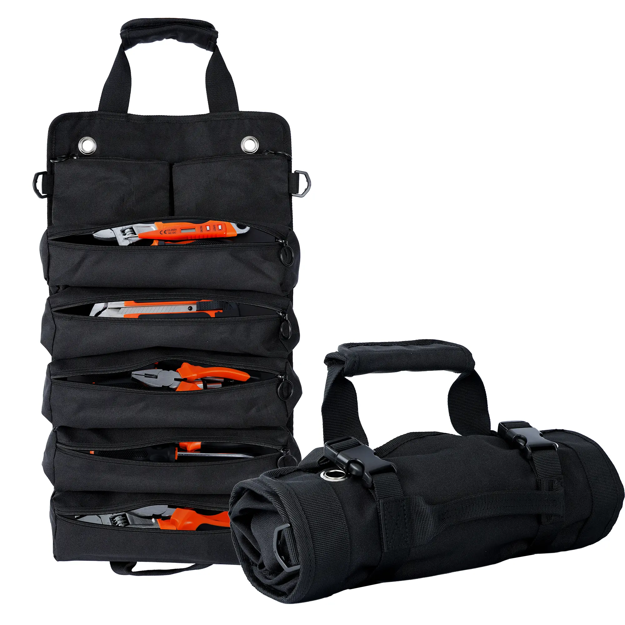 Portable Foldable Roll Up Tool Bag Organizer with 5 Compartments & 2 Detachable Pouches, Heavy Duty Waterproof Tool Pouch Bag for Secure Tool Storage, Tool Roll for Dad Men Electrician Mechanic Gifts