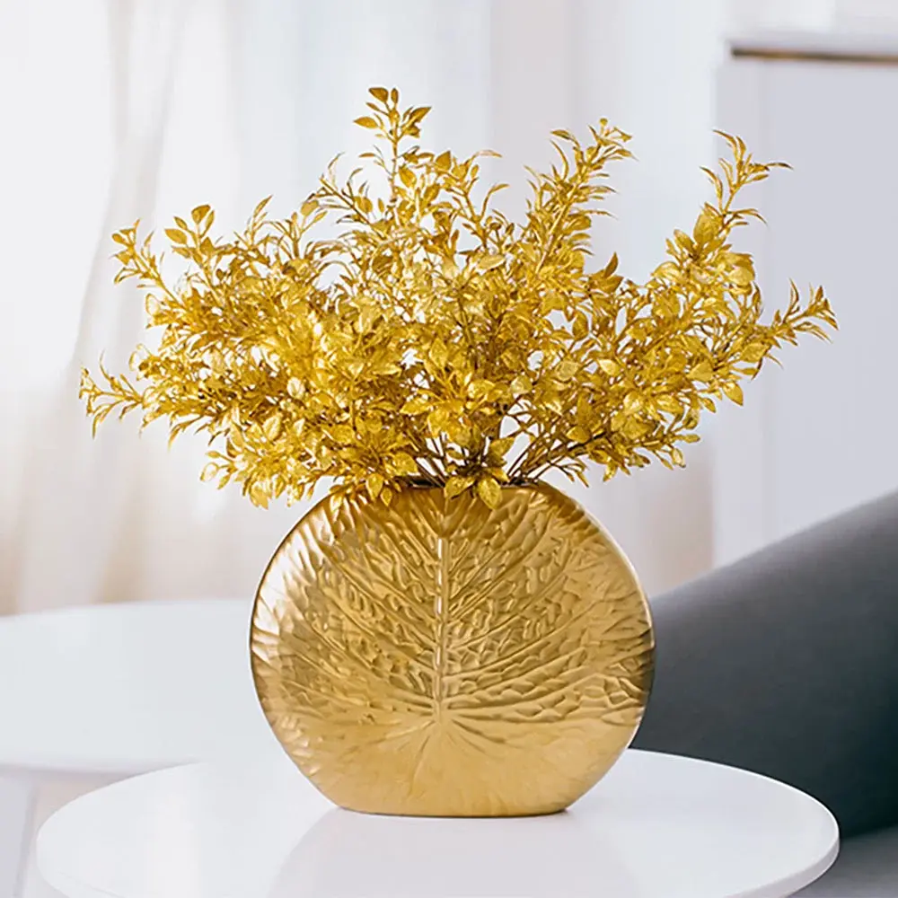 HOMARY Luxury Fake Plants Bouquet Set - Synthetic Decorative Arrangement with Bronze-Gold Creative Ceramic Vase, Floral Decor for Living Room, Dining Room, Indoor/Outdoor Botanical Aesthetic Accent