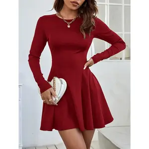 Elegant Solid Crew Neck Dress JY52116 Burgundy Polyester A-line for Spring Fall Women's Casual Mid-Elastic Knit Fabric