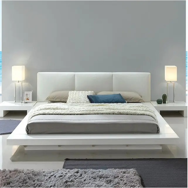 Malmö Modern Low-Profile Platform Bed – White Upholstered Headboard, Contemporary Floating Design