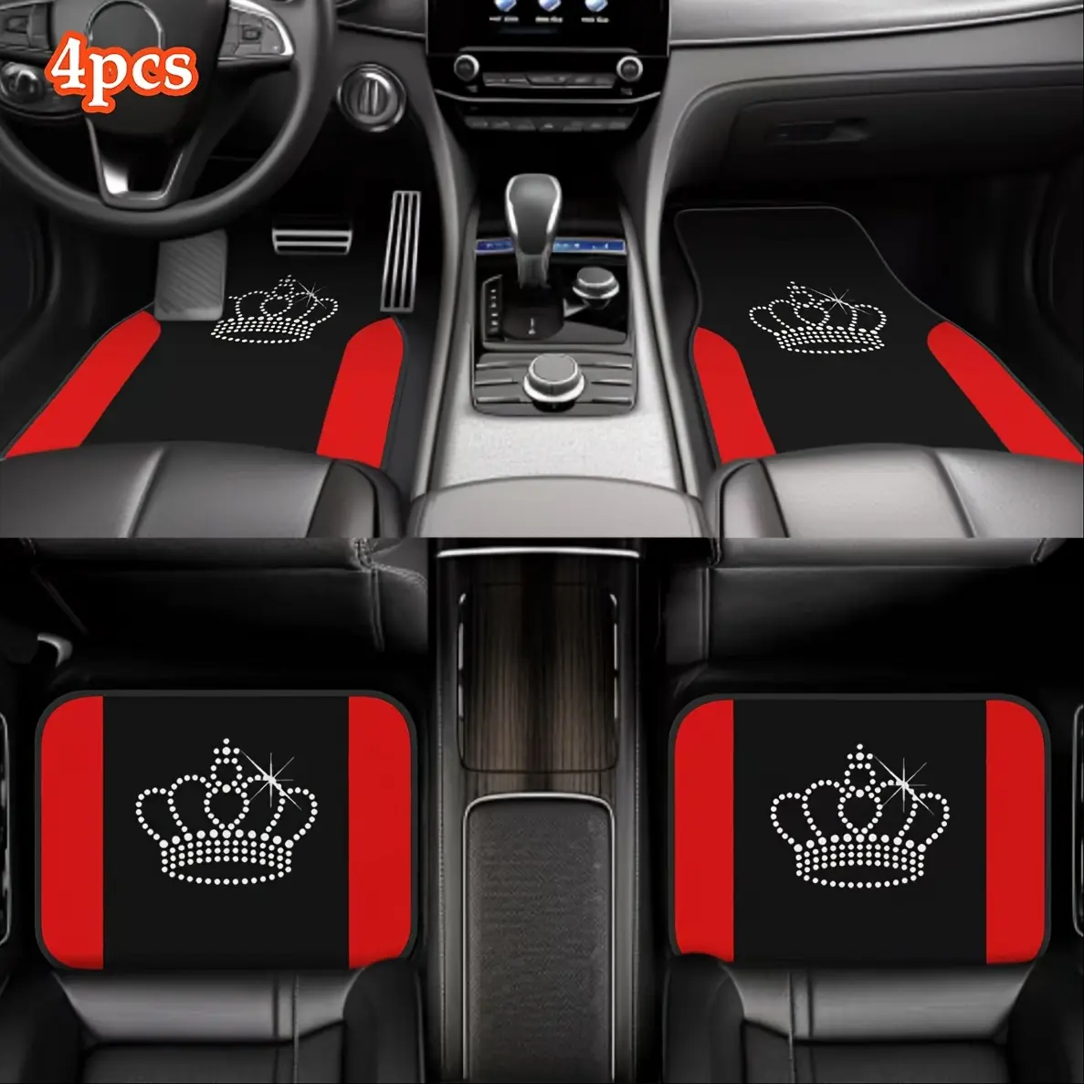 4 pieces of red bilateral with crown design printed car floor mats, universal all-weather car floor mats, suitable for SUVs, trucks, cars, the perfect gift for parents and lovers, Car Interior Accessory, Car Accessories