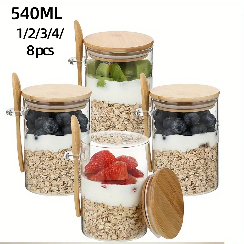 Glass Clear Storage Jar with Wooden Lid & Spoon, Glass Mason Jar, Food Storage Jar, Airtight Leakproof Kitchen Containers, Meal Prep Containers, 1/2/3/4/8 Counts 18oz Overnight Oats Jar, Salad Dressing Jar, Kitchen Utensils & Gadgets