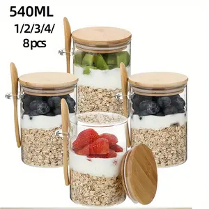 Glass Storage Jar with Wooden Lid & Spoon, Glass Mason Jar, Airtight Leak-Proof Containers, Meal Prep Containers, 1/2/3/4/8 Counts 18oz Overnight Oats Jar, Salad Dressing Jar, Kitchen Utensils & Gadgets
