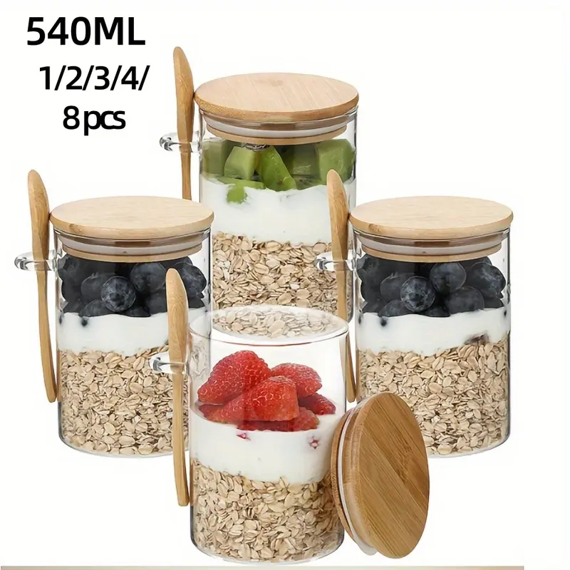 Clear Glass Storage Jar with Wooden Lid & Spoon, Jars with Airtight Lids, Glass Mason Jar, Food Storage Jar, Airtight Kitchen Containers, 1-8 Counts 18oz Overnight Oats Jar, Salad Dressing Jar