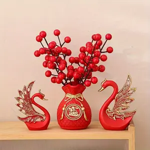 4pcs Set of Red Fruit & Swan Figurines - Perfect for Home Decor, Weddings, and New Year Gifts | Ideal for Living Room, TV Stand, Wine Cabinet Ornaments