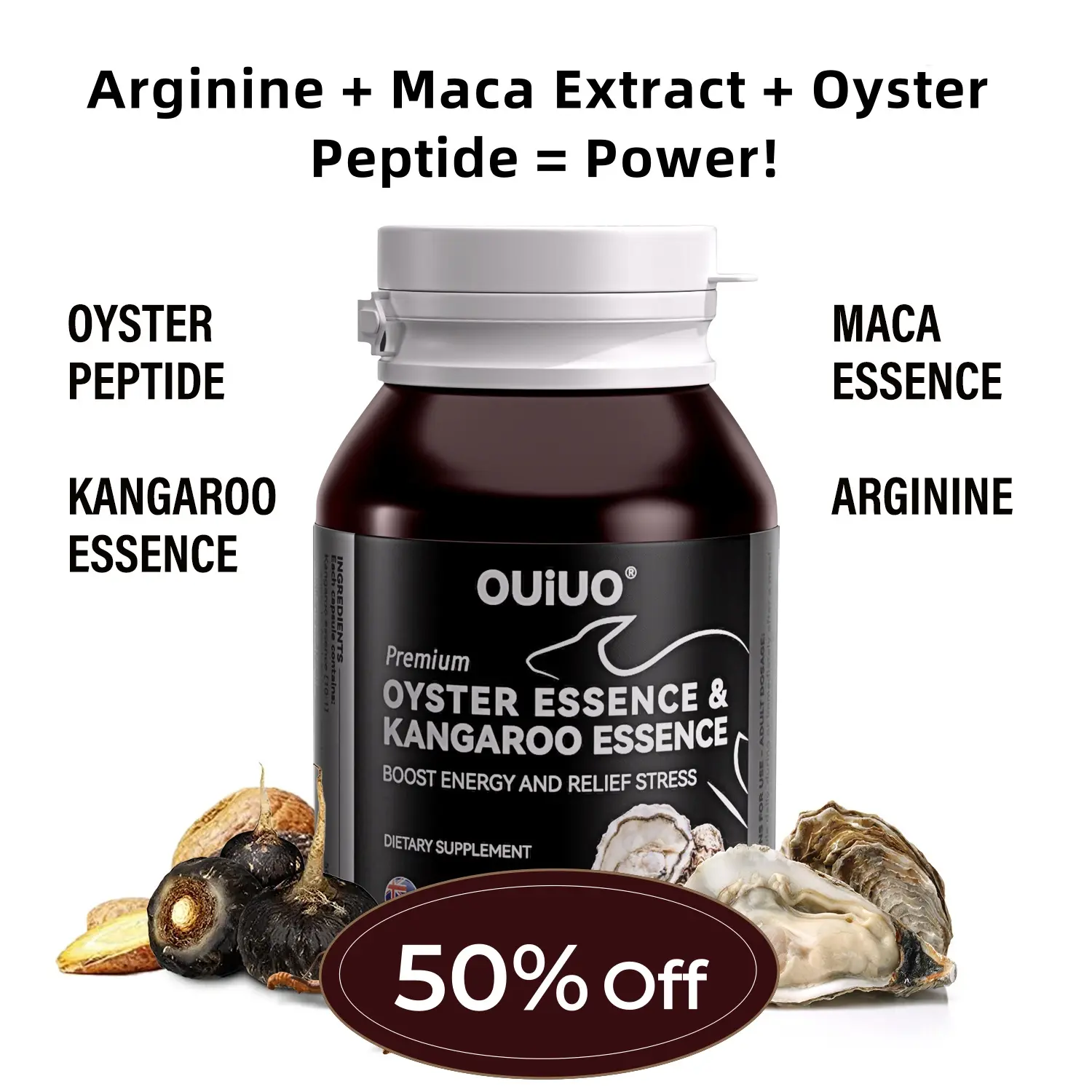 OUlUO 7-in-1 Nitric Oxide Amino Acid Booster Capsules - L-Arginine, Maca Extract, Oyster Peptides, Kangaroo Extract, Niacin, Zinc Selenium, Vitamins, Minerals - 60 Capsules - Natural Dietary Supplement for Fitness, Blood Circulation, Energy & Endurance, V