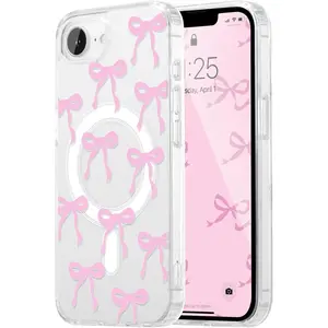 Magnetic for iPhone 16e Case, Bow Case Compatible with MagSafe, Wireless Slim Clear Ribbon Aesthetic Phone Cover Anti-Yellowing Shockproof Protective Cover for Women Girl - Pink