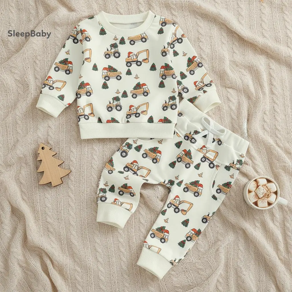 Toddler Boy Baby Clothing Set, 2-Piece Christmas Outfit with Embroidered Truck Polyester Long Sleeve Shirt and Plaid Pants, Multi-Size, Two-Pieces