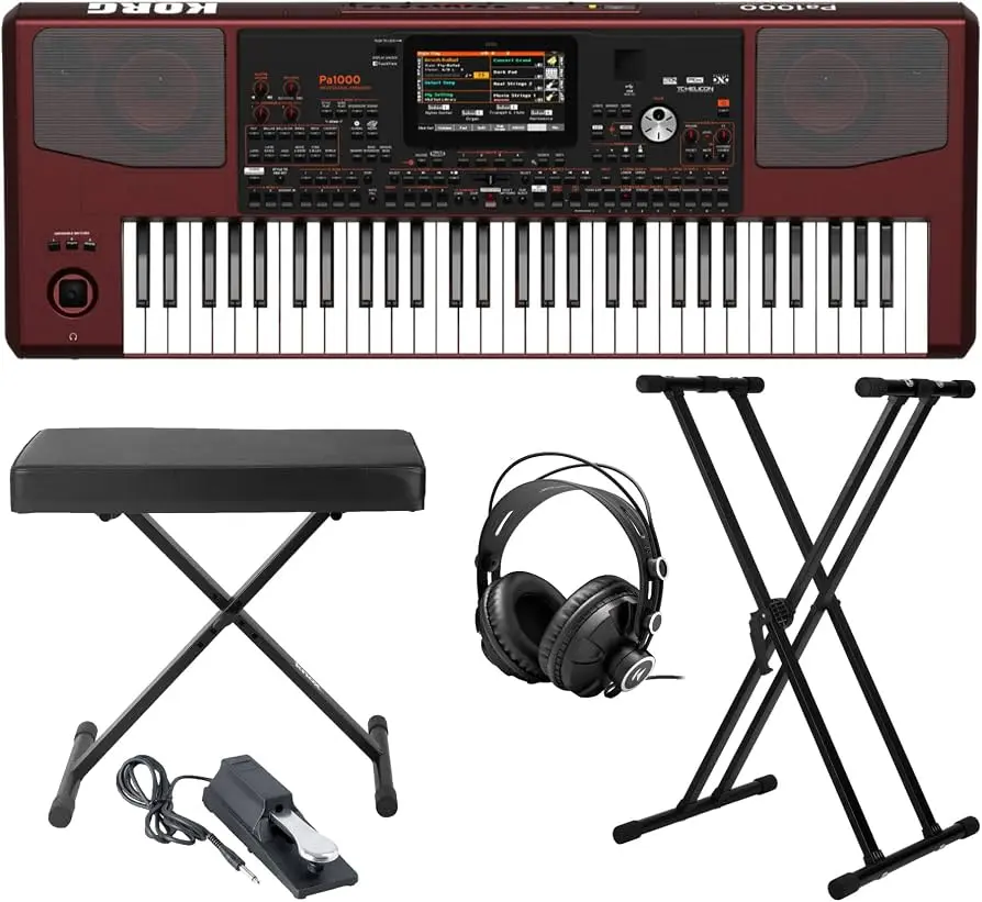 Korg PA1000 Professional Arranger Keyboard Bundle with Knox Bench, Stand, Sustain Pedal and Studio Headphones (5 items)