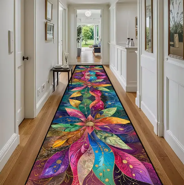 Large Floral Velvet Runner Rug, Non-Slip Machine Washable Decor Floor Mat for Hotel Entrance, Kitchen, Hallway, Patio Picnic & Camping, Indoor Outdoor Universal Carpet, 2 Sizes 1.65’×8.25’ / 1.65’×11.55’