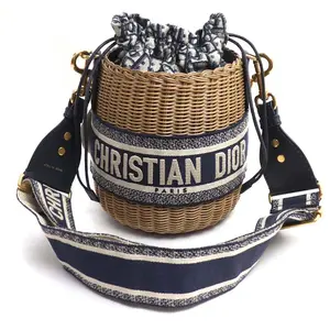 Pre-owned Dior Straw Shoulder Bags Oblique Wicker Raffia Bucket Bag