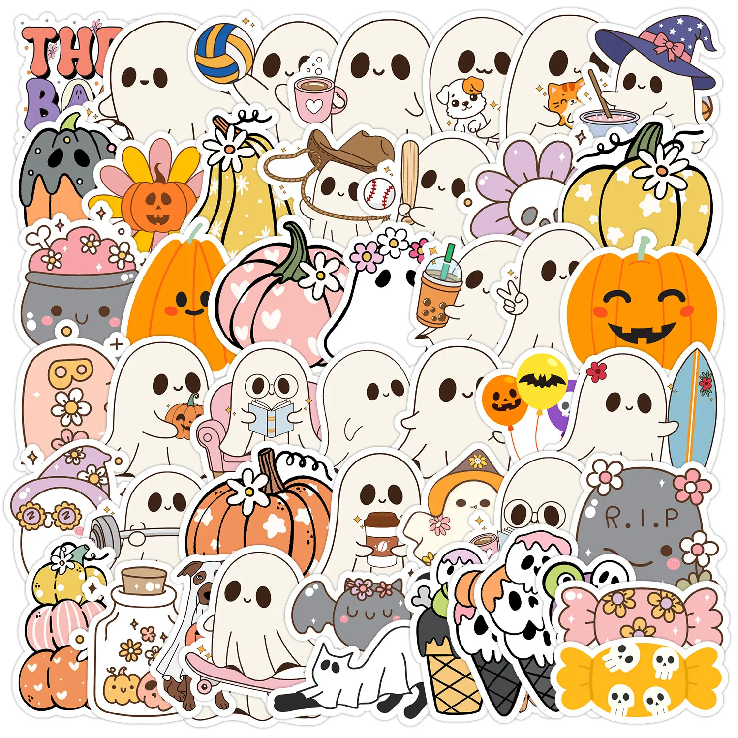 50pcs Halloween Ghost Stickers for Scrapbooks Journals Laptops Water Bottles Cars, Skull Decal, Graphic Decal, Car Decorative Sticker, Car Decals, Cool Car Decoration, Includes Sticker, Positive Message Gifts Based on Belief Design