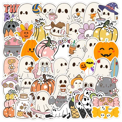 50pcs Halloween Ghost Stickers, Cool Car Decorative Sticker, Positive Belief Themed Graphic Decal for Scrapbooks, Journals, Laptops and Water Bottles, Sticker Decals