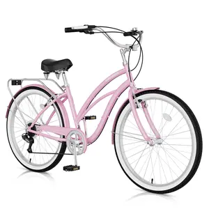MOONCOOL Beach Cruiser Bike for Women Men, 24 26 inch Womens Bike, 7-Speed Comfort Cruiser Bicycle Step Through for City Commuter, Retro Bicycle for Seniors Ladies Adults