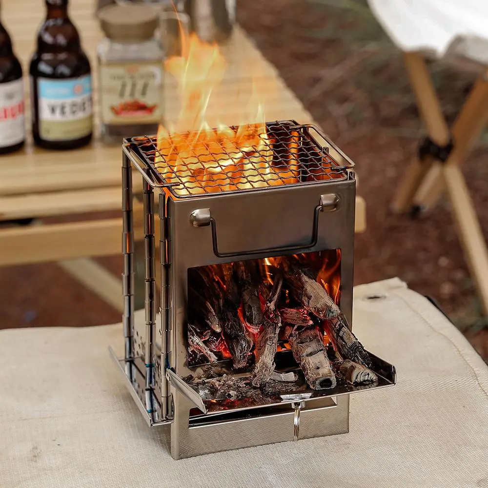 Stainless Steel Collapsible Wood Stove - Compact Outdoor Cooking Equipment, Foldable Mini BBQ Grill Stoves for Camping, Campfire/BBQ Parties