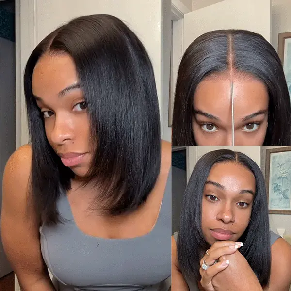 OhMyPretty 180% Density Yaki Straight Bob Wig, Glueless Virgin Human Hair in Natural Black, Pre-Plucked 9x6 T-Part Transparent Lace with Elastic Band, Glueless Wigs, Natural Black Hair, Bob Cut