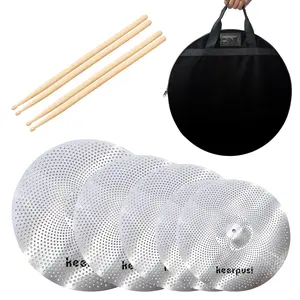 Mute Cymbal Set Low Volume Cymbal Pack 14'Hi-hat+16"Crash+18'Crash+20"Ride 5 Pieces Silver Drummer Practice Quiet Cymbal for Drum Set and Cymbal Bag and 2 sets of drumsticks