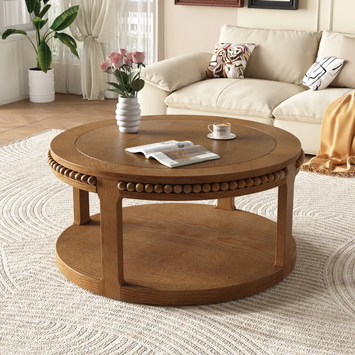 Summerwins 31.5x31.5in Round Solid Wood Coffee Table - 2-Tier Thick Top, Heavy Duty Sturdy Legs, Beaded Trim, Accent Radial Grain, DIY Assembly Required 2-Tier Living Room Furniture, Easy Setup Walnut Indoor Sofa Table