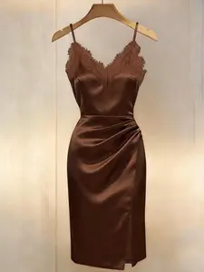 Knit Glossy Fabric Halter Dress, Lace Bodysuit, Summer Camel Satin Lace V-Neck, Slim Fit, Asymmetrical Pleat Cut, Party Dress Ffsp2648