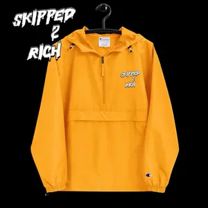 Champion Embroidered Skipped2RichxChampion Packable Jacket - Wind & Rain Resistant 100% Polyester with Hood and Kangaroo Pocket - Menswear