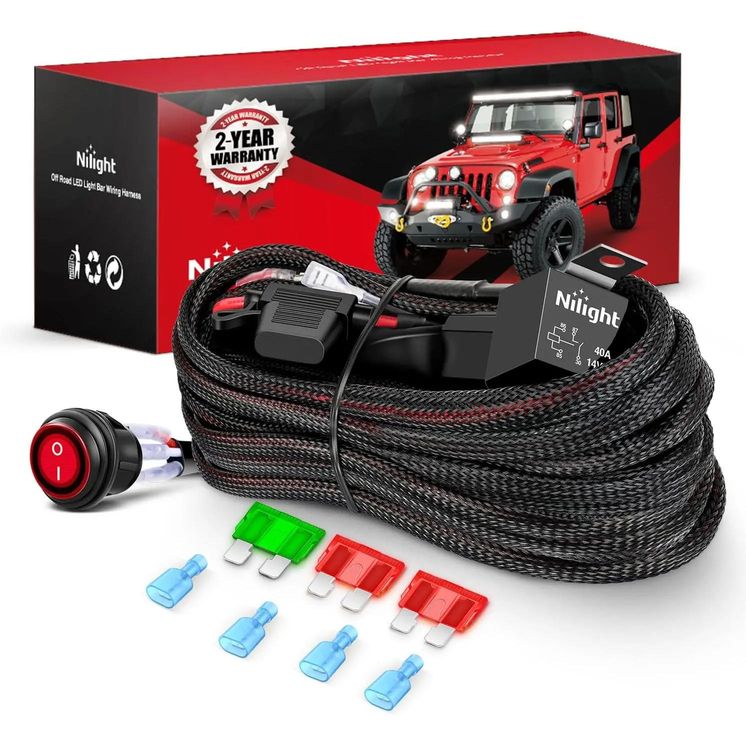 Nilight Illuminated Rocker Switch Wiring Harness Kit - Nylon Jacket 12AWG Stranded Wire, 2-Lead 12V Power Relay, Blade Fuse, 450W Capacity, Universal Fit for LED Light Bar, Off Road Vehicles, Campers, Ships, Yachts