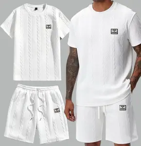 Men’s fashion set featuring a textured design, drawstring waist, soft fabric, and embroidered details, suitable for outdoor and casual wear.