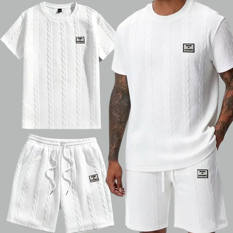 Men's 2-Piece Textured Menswear Set - Round Neck, Soft Fabric, Drawstring Waist, Embroidered Details, Plain Shorts, Suitable for Outdoor & Casual Wear